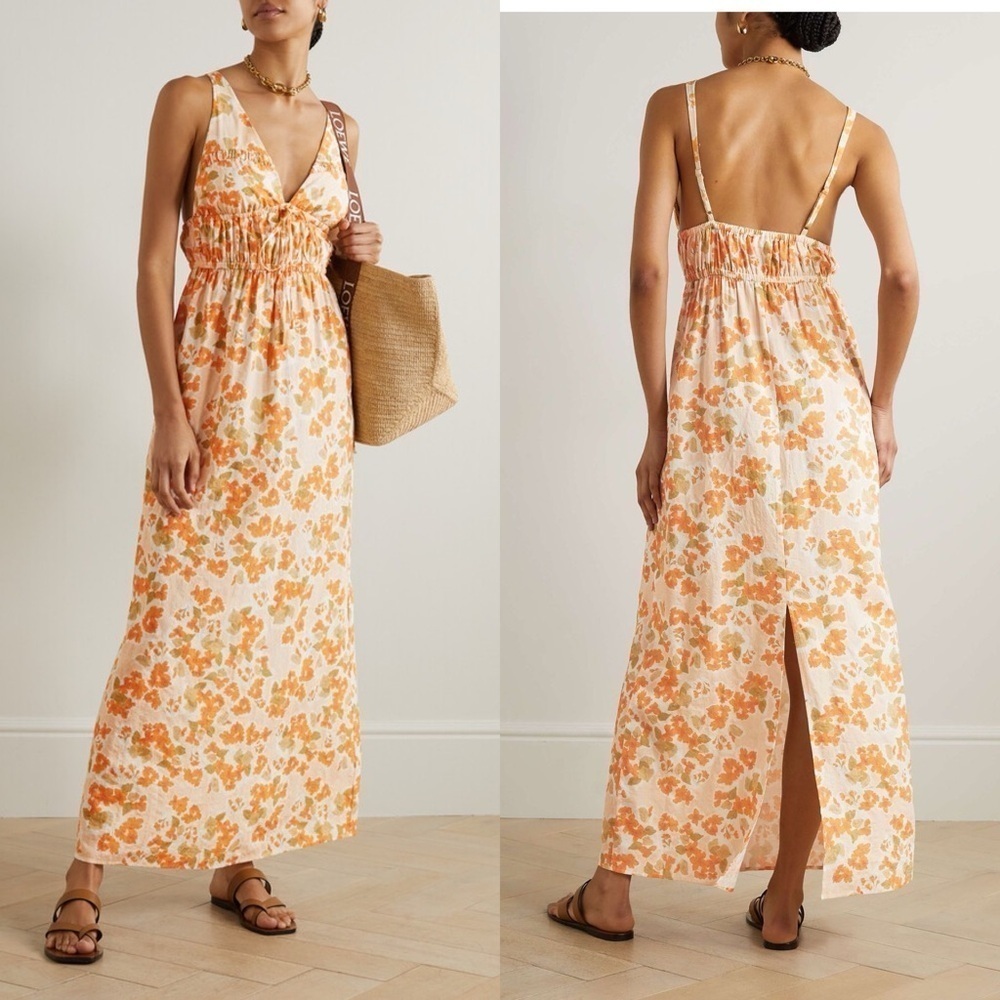 Peony Dress‎ Vacation Cotton Floral Lightweight Summer Maxi Pastel Orange M EUC
